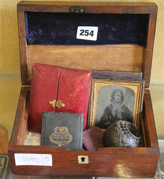 2 cased miniatures and other items, including rosewood box and oak match striker